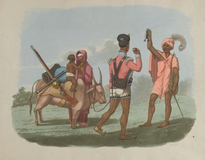 Bengalin Sepoy ja hänen perheensä tapaavat yhden Byraggee-kastista, noin 1799 tekijältä T. Medland