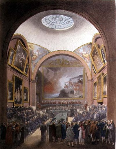 Common Council Chamber, Guildhall, "The Microcosm of London", kaiverrettu J. Black (fl.1791-1831) pub. kirjoittanut Rudolph Ackermann (1764-1834) 1808 (akvatinta) tekijältä T. and Pugin A.C. Rowlandson