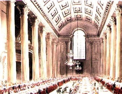Egyptiläinen sali, Mansion House, Ackermannin "Lontoon mikrokosmos" -teoksesta. tekijältä T. and Pugin A.C. Rowlandson
