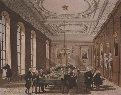 College of Physicians from Ackermannin "Microcosm of London" (värikaiverrus) tekijältä T. and Pugin A.C. Rowlandson