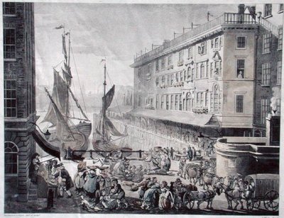 Billingsgate Market, kaiverrus J. Bluck (fl.1791-1819) (akvatinta) tekijältä T. and Pugin A.C. (after) Rowlandson