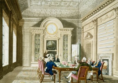 Brittiläisen Admirautin hallintohuone. Värillinen etsaus, julkaistu 1. tammikuuta tekijältä T. & Pugin A.C. (1762 1832) (after) Rowlandson