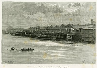 Guinnessin panimo, vientilaituri. Taylorin kaiverrus havainnollistamaan tarinaa Trois mois en Irlande, vuonna 1889, Marie Anne de Bovet, in le tour du monde 1890, ohjaaja Edouard Charton (1807-1890), Hachette, Paris. tekijältä T Taylor