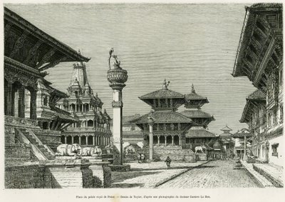 Patanin kuninkaallisen palatsin paikka (nykyinen Lalitpur). Taylorin kaiverrus havainnollistamaan tarinaa Voyage au Nepal, kirjoittanut tohtori Gustave Le Bon (1841-1931), in le tour du monde 1886, ohjannut Edouard Charton (1807-1890), Hachette, Pariisi. tekijältä T Taylor