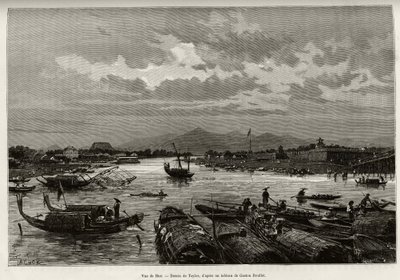 Näkymä Hueen (Vietnam), jossa on kuvaus navigoinnista Song Huong -joella ja Thien Mu -pagodilla, kehäseinien takana. Taylorin kaiverrus havainnollistamaan tohtori Charles Edouard Hocquardin (1853-1911) tarinaa "" Trente mois au Tonkin"" vuonna 1885 tekijältä T Taylor