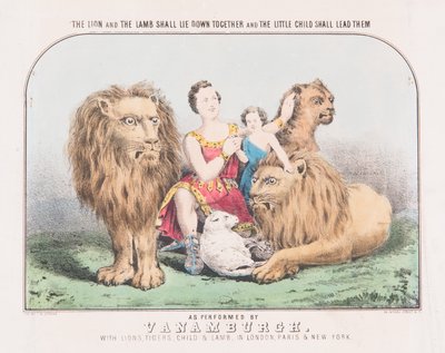 Leijona ja lammas makaavat yhdessä ja pieni lapsi johtaa heitä, n. 1840 (akvarelli paperille) tekijältä T. W. Strong