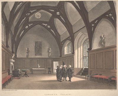Lambethin palatsi, kaiverrettu Joseph Constantine Stadler (fl.1780-1812), julkaistu 1808 (värillinen akvatinta) tekijältä T. and Pugin A.C. Rowlandson