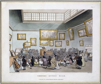 Christien huutokauppahuone, J. Bluckin "Microcosm of London", julkaisija R. Ackermann tekijältä T. and Pugin A.C. Rowlandson