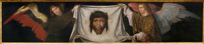 Enkelit kantavat pyhää käärinliina - Maalaus Frere Carlosin (flaamilainen maalari, toiminut vuosina 1517-1544) työpajasta, öljy puulle, noin 1520-1530 (Enkelit pyhien kasvojen kanssa, Friar Carlosin työpaja, öljy paneelille, n. 1520-1530) - Musee d