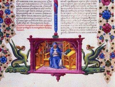 Reunusfriisi sivun alaosassa evankelista Pyhän Matteuksen kanssa, II osa f 148, v, Borso d