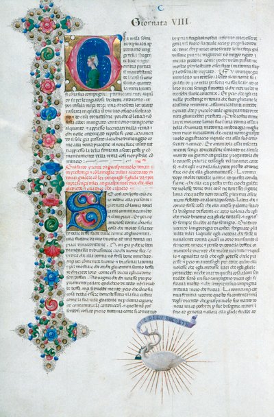 Valaistu käsikirjoitussivu Decameronista, Giovanni Boccaccio, italia, c1467. tekijältä Taddeo Crivelli