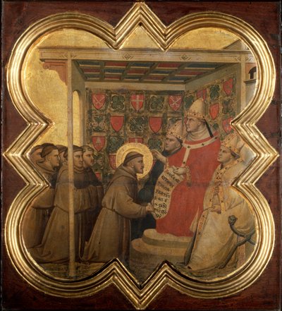 Pyhän Franciscus Assisilaisen elämä: Innocentius III vahvistaa fransiskaanien vallan vuonna 1210 - tempera puulla tekijältä Taddeo Gaddi