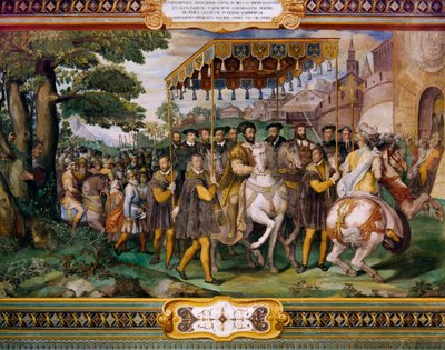Francesc I donant la benvinguda a Carles V i al cardenal Alessio Farnese a París, de Taddeo Zuccari (1529-1566), Palazzo Farnese, Caprarola, Itàliafinès tekijältä Taddeo Zuccari