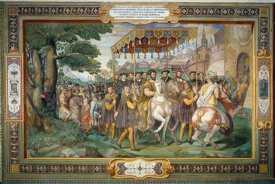 Kuningas Francis I ottaa vastaan ​​Kaarle V:n ja kardinaali Alessandro Farnesen Pariisissa vuonna 1540. 1559 tekijältä Taddeo Zuccari