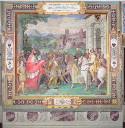 Kaarle V (1500-58) Alessandro Farnesen (1546-92) kanssa Wormsissa, "Sala dei Fasti Farnesesta" (Farnesen loistosali) 1557-66 (katso myös 156715) tekijältä Taddeo Zuccari