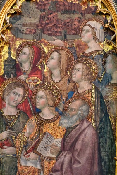 Erilaisia pyhimyksiä palvomassa Madonnaa, Neitsyt Marian taivaaseenastumisen triptyykki. tekijältä Taddeo di Bartolo