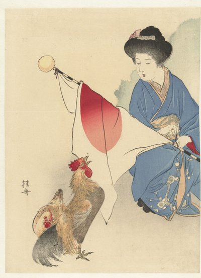 Nainen japanin lipun ja kukon kanssa tekijältä Takeuchi Keishū