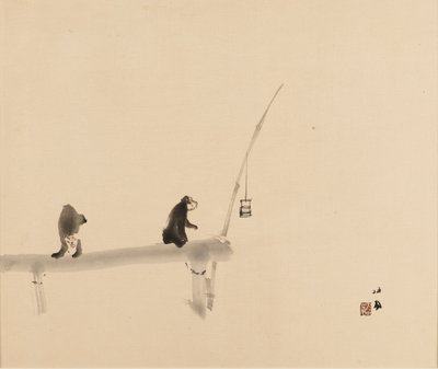 Woodblock print - Kaksi apinaa laiturilla, 1800-luvun loppu - 1900-luvun alku tekijältä Takeuchi Seiko