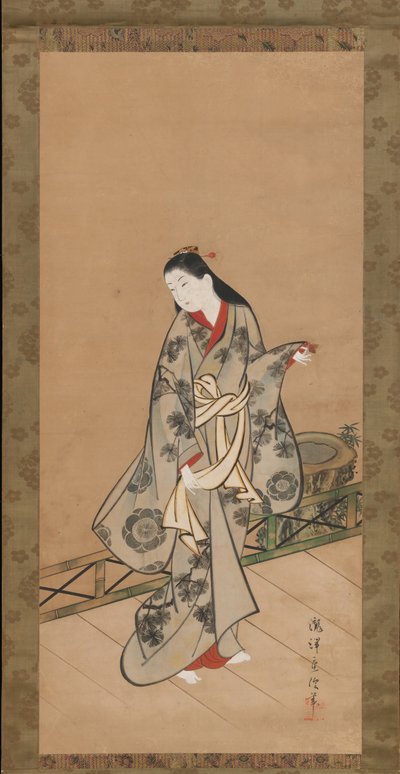 Nainen verannalla, n. 1730. tekijältä Takizawa Shigenobu