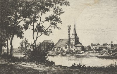 Kaupunki, jossa on kirkko joen toisella puolella, 1800-luku. tekijältä Tancrède Abraham
