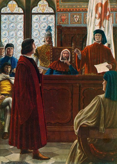 Cosimo dei Medici kutsuttiin Signorian eteen puolustamaan itseään vihollisiaan vastaan vuonna 1433 tekijältä Tancredi Scarpelli