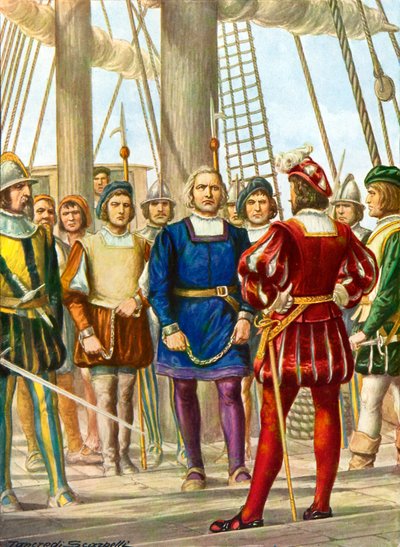 Christopher Columbus ja hänen veljensä Bartolomeo ja Diego joutuvat vangiksi laivalla, joka vie heidät Espanjaan tekijältä Tancredi Scarpelli
