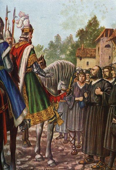 Keisari Frederic I Barberossa (1122-1190) toisella matkallaan Italiaan vuonna 1158 ohittaa Adda-joen ja tapaa Lodin ihmiset, jotka pyytävät häntä saamaan alueensa takaisin. Tancredi Scarpelli (1866-1937) Paolo Giudicin "Storia d