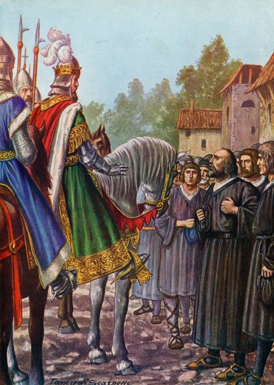 Frederick Barbarossa, vuonna 1158, jonka asukkaat pyysivät Lodin jälleenrakentamista. tekijältä Tancredi Scarpelli