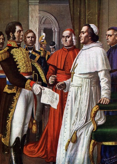 Paavi Pius VII, Fontainebleaun linnan vanki, suostui allekirjoittamaan 25.1.1813 Fontainebleaun konkordaatin (1813), jolla hän luopui ajallisesta suvereniteetistaan, joka oli osa hänen hengellistä auktoriteettiaan (paavi Pius VII rajoitettu Ranskaan linnas tekijältä Tancredi Scarpelli