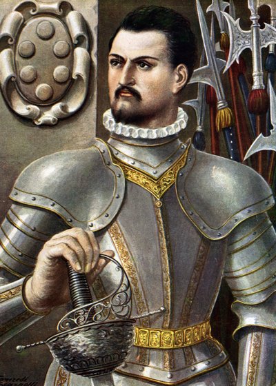 Muotokuva Jean de Medicisistä, joka tunnetaan nimellä Jean des Bands Noires (Giovanni dalle Bande Nere) (1498-1526) Italialainen condottiere Kuvitus Tancredi Scarpelli (1866-1937) Paolo Giudicin "" Storia d