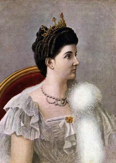 Muotokuva Italian kuningattaresta Helene (Elena) Montenegrosta (1873-1952) Tancredi Scarpellin (1866-1937) kuvitus Paolo Giudicin "Storia d