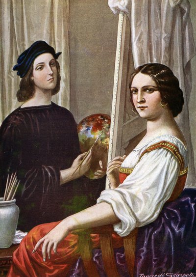 Muotokuva taidemaalari Rafaelista (Raffaello Sanzio 1483 - 1520) maalaamassa Fornarinaa (italialainen taidemaalari Raphael ja nuori nainen nimeltä Fornarina) Tancredi Scarpellin (1866-1937) kuvitus "Storia d