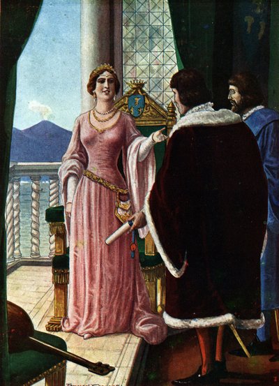 Napolin kuningatar Joanna II (Giovanna di Napoli tai Anjou Durazzo) (1373-1435) on nimennyt adoptiopoikansa Ludvig III Anjoulaisen (1403-1434) Tancredi Scarpellin (1866-1937) kuvitus "" Stosta tekijältä Tancredi Scarpelli