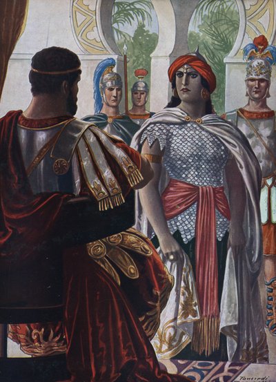 Rooman antiikin aika: Palmyran keisari Septimia Bathzabbai Zenobie vangitsi Rooman keisari Aurelienin, 272"" (Palmyrenen valtakunnan kuningatar Zenobia Rooman keisari Aurelianuksen vanki, 272 jKr.) Tancredi Scarpellin kuvitus (1866-19) tekijältä Tancredi Scarpelli