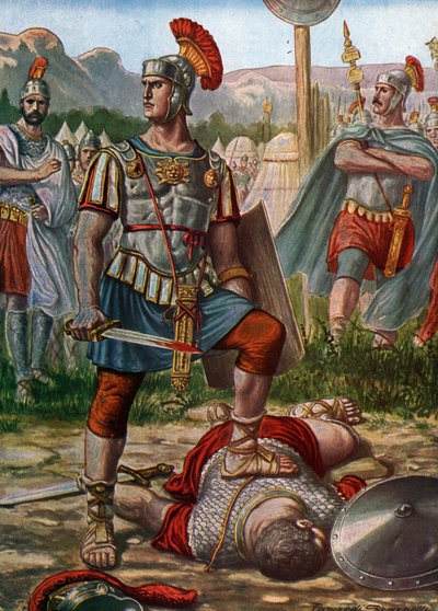 Roomalainen antiikki: esitys konsuli Titus Manlius Imperiosus Torquatuksesta, joka voitti gallialaisen vuonna 361 eaa. - (Titus Manlius Torquatus taistelee roomalaisen armeijan haastavaa gallialaista soturia vastaan, joka tappoi hänet, 361 eKr.) Tancredi S tekijältä Tancredi Scarpelli