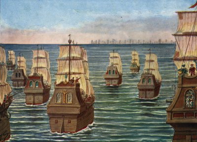 Cannanorin taistelu käytiin maaliskuussa 1506 Cannanoren sataman edustalla Intiassa, intialaisen Calicutin Samorinin laivaston ja portugalilaisen laivaston välillä, varakuningas Almeidan pojan Lourenco de Almeidan alaisuudessa. Kuvitus: Tancredi Scarpelli  tekijältä Tancredi Scarpelli