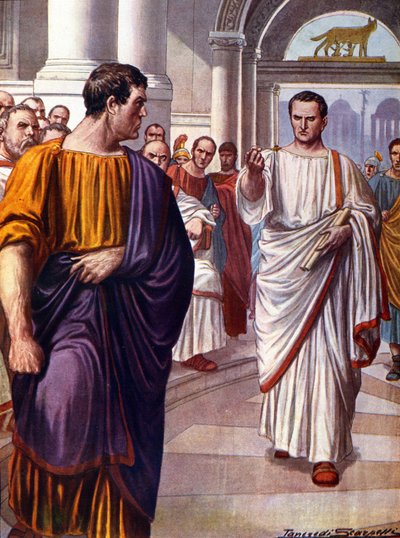 Rooman valtiomies Ciceron (Marcus Tullius Cicero) (106-43 eKr.) risteää salaliittolaisen Catilinan (Lucius Sergius Catilina) (108-62 eKr.) kanssa, jonka hän tuomitsi vuonna 63 eKr. catilinaarien puheiden aikana. Kuvitus: Tancredi Scarpelli (1866-1937) tekijältä Tancredi Scarpelli