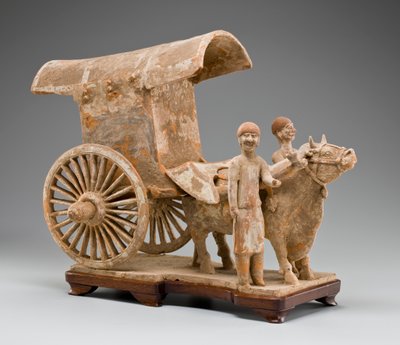 Kaksipyöräiset härkäkärryt härällä ja kahdella seisovalla hoitajalla (maalattu terrakotta) tekijältä Tang Dynasty Chinese School