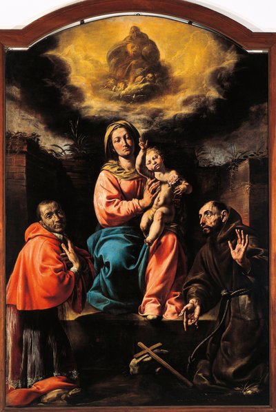 Italia, Varallo, maalaus Madonnasta ja lapsesta Pyhän Franciscuksen ja Pyhän Kaarlen kanssa tekijältä Tanzio da Varallo