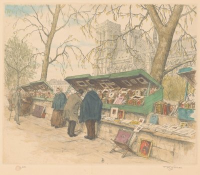 Kirjakojut Quai de Montebellolla, taustalla Notre-Dame tekijältä Tavík František Šimon (signed by artist)