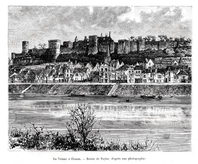 Chinon ja Vienne-joki, Ranska, 1800-luku tekijältä Taylor