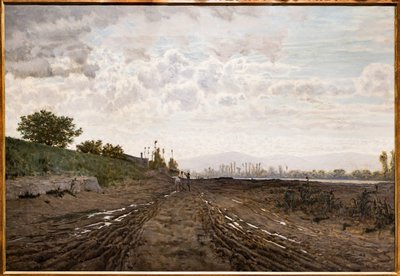 A Morning along the River Arno. Sand diggers along the Arno, c.1868 (oil on canvas) tekijältä Telemaco Signorini