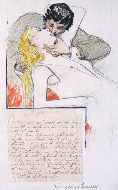 Suudelma, Telemaco Signorini (1835-1901) (piirustus) tekijältä Telemaco Signorini