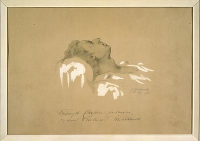 Frederic Chopin (1810-1849) kuolemanvuoteessaan Kwiatkowskin, Teofilin (1809-1891) parissa. Muste, guassi, grafiitti paperille tekijältä Teofil Kwiatkowski