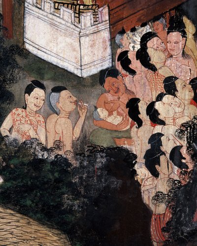 Yleisö katsomassa teatteriesityksiä hautajaisissa (seinämaalaus) tekijältä Thai School