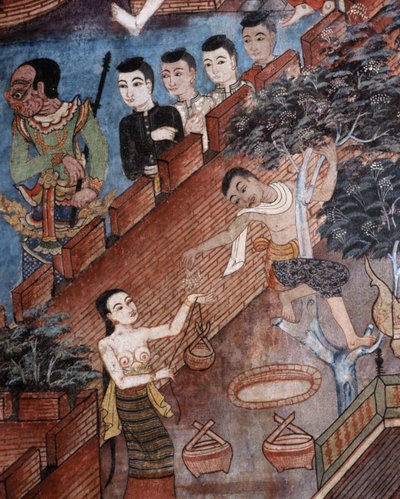 Yksityiskohta seinämaalauksesta Viharnin temppelissä, Wat Phra Singhissä tekijältä Thai School