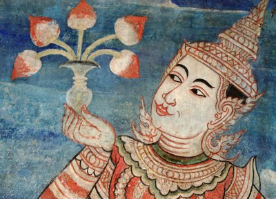 Yksityiskohta seinämaalauksesta Viharnin temppelissä, Wat Phra Singhissä tekijältä Thai School