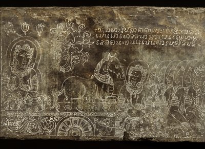 Kaiverrettu kivipaneeli, joka kuvaa Bhojajania Jataka -tarinaa Wat Si Chumista, Sukhothaista, 1300-1400-luvulta tekijältä Thai School