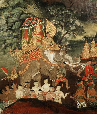 Kuningas Vessantara valkoisella norsulla tapaa brahminit, kohtaus Vessantara Jatakasta, 1800-luvun alusta (maalattu kangas) tekijältä Thai School