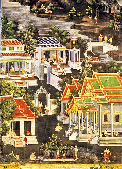 Munkkien elämä, Wirharn Sasada, Wat Bowonniwet Vihara, Bangkok (fresko) tekijältä Thai School